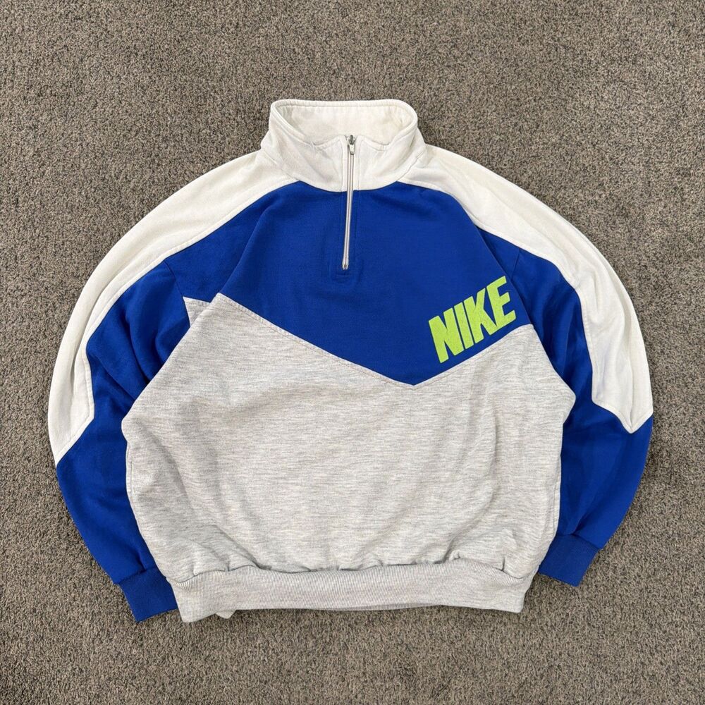 Vintage 80s Nike 1/4 Zip Sweatshirt Mens L Blue Gray White Colorblock Spellout